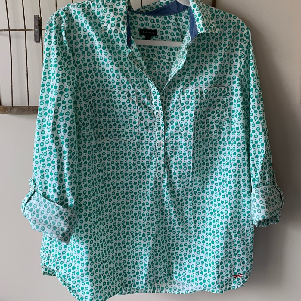 Talbots Green Apple Print Button Down